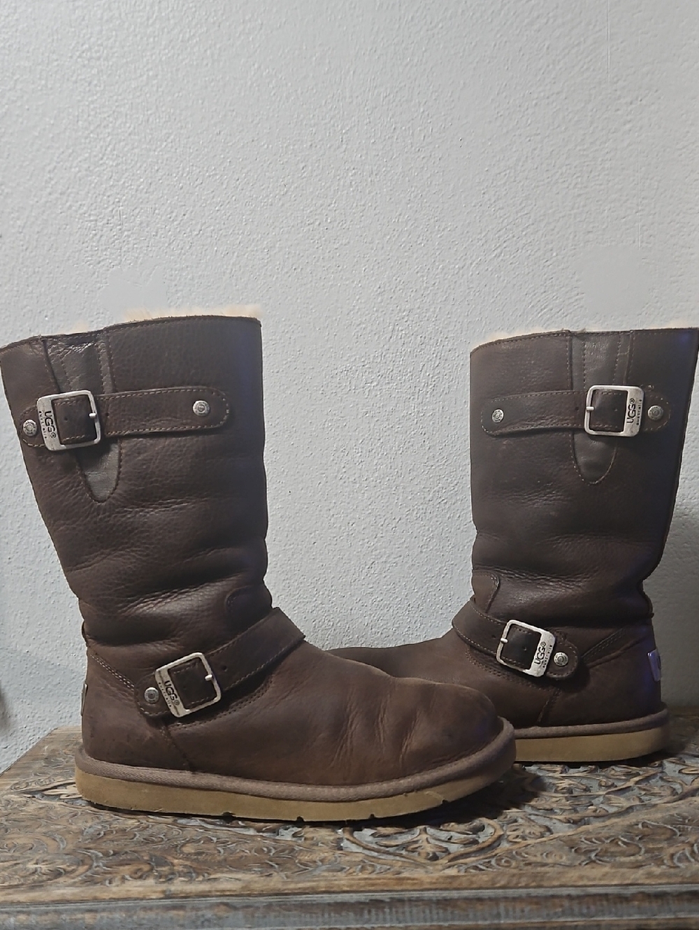 UGG Australia Dark Brown Leather Mid-Calf Buckle Boots- Size 7